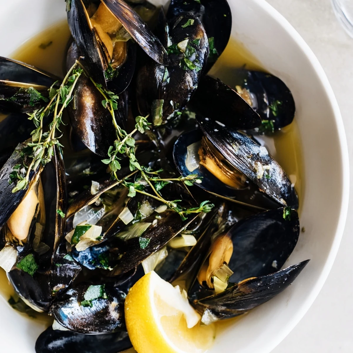A steaming bowl of Belgian Moules Marinière, showcasing tender mussels and fresh parsley, ready to enjoy.