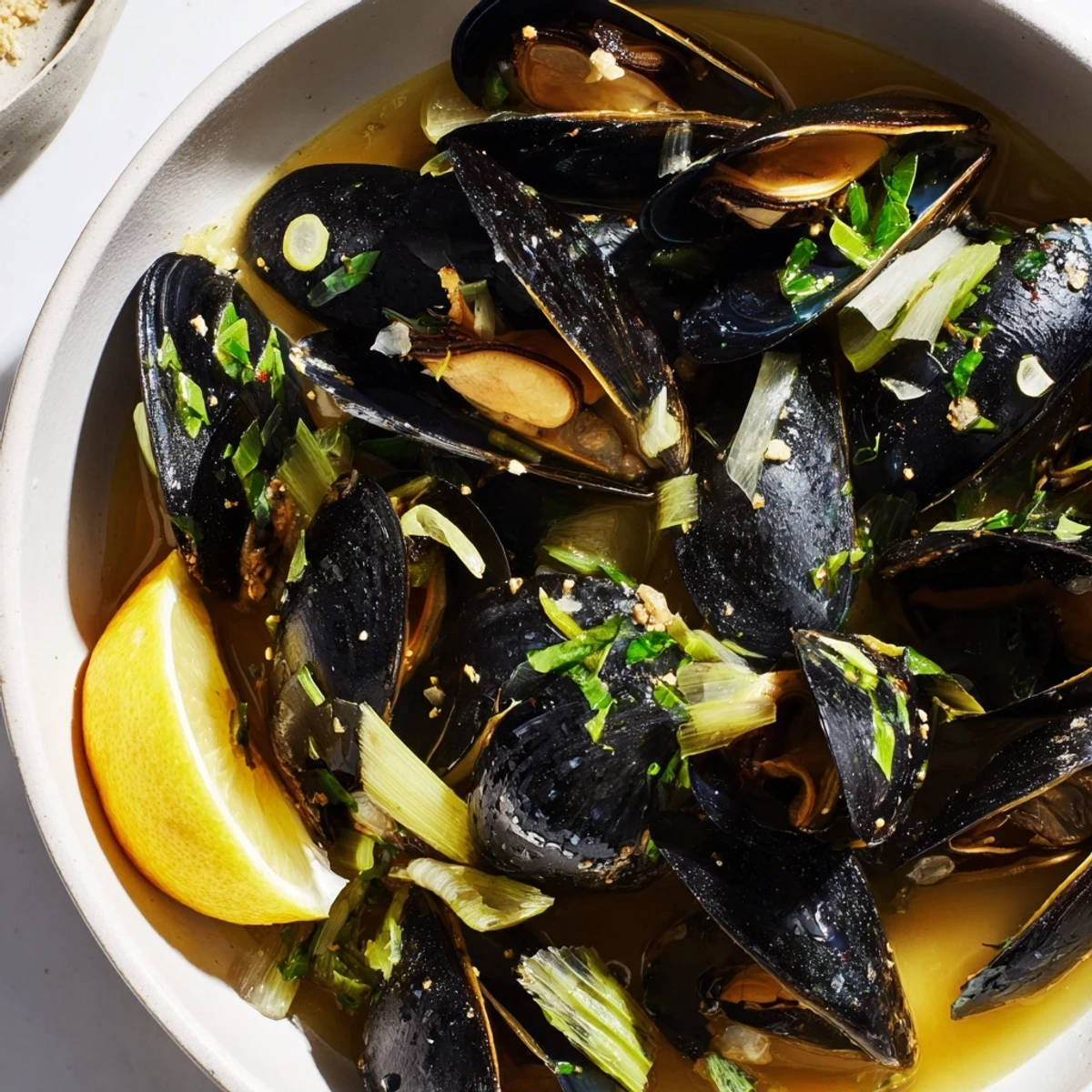 Classic Belgian Moules Marinière, a close-up revealing savory mussels swimming in a flavorful white wine sauce.