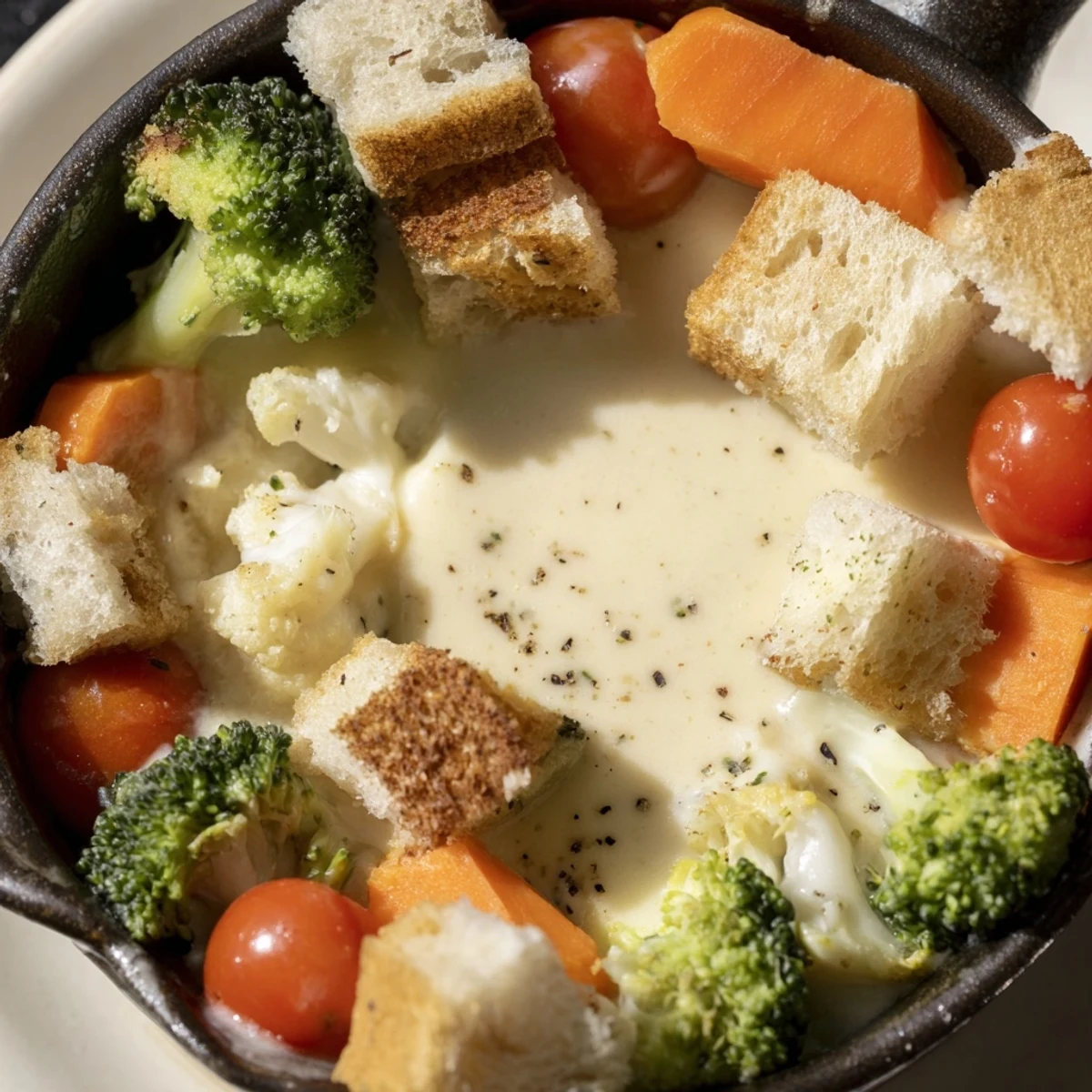 Warm, bubbling Swiss Cheese Fondue, ready for dipping; imagine crusty bread and veggie dippers.