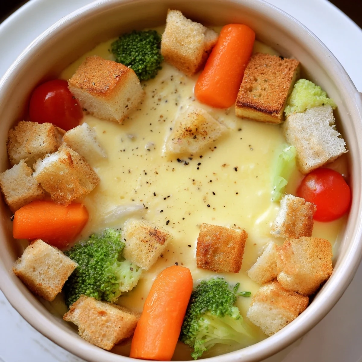 A close-up of creamy, melted Swiss Cheese Fondue, perfect for a cozy, shared meal with friends.