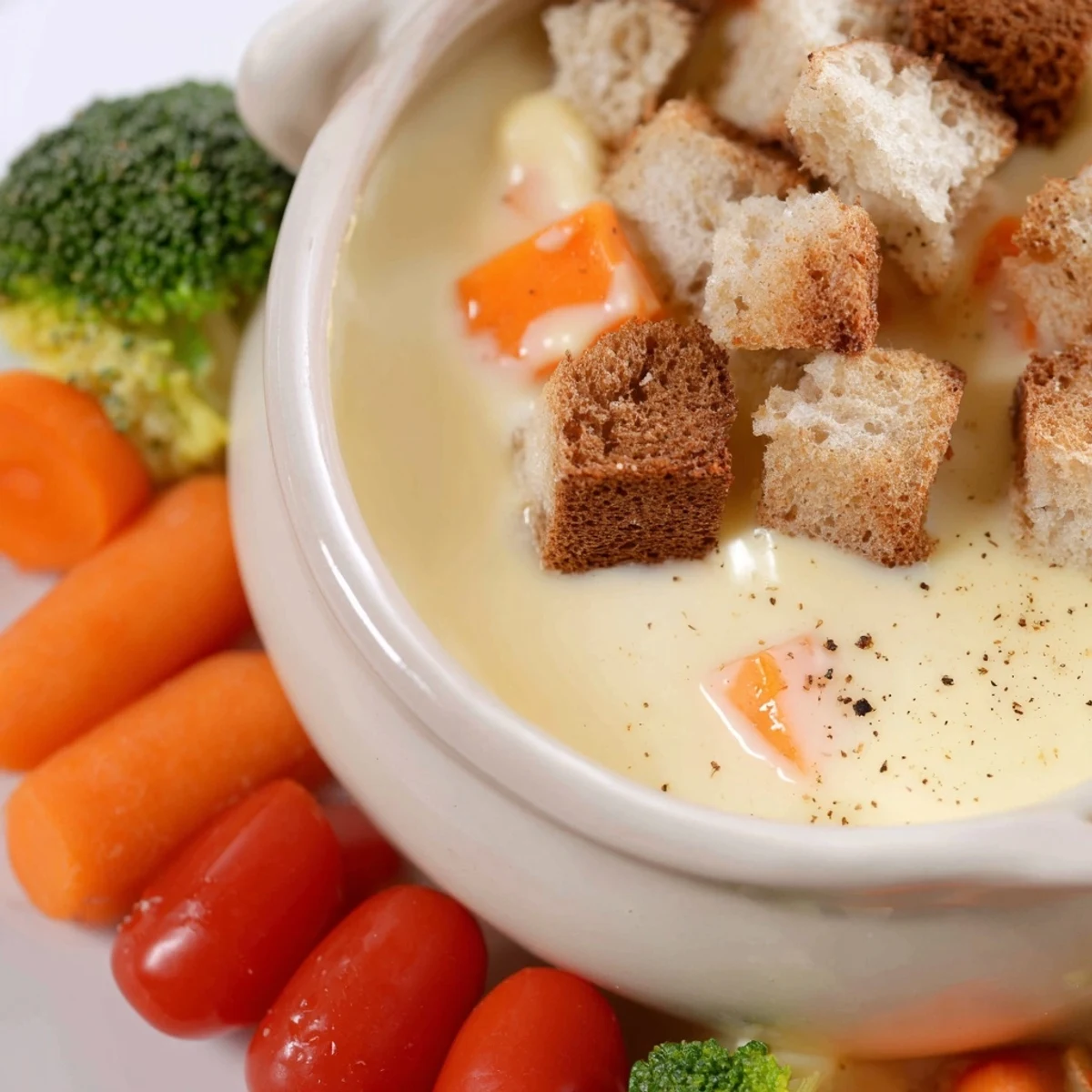 See the delicious, fragrant Swiss Cheese Fondue, ideal with bread and vegetables for dipping.