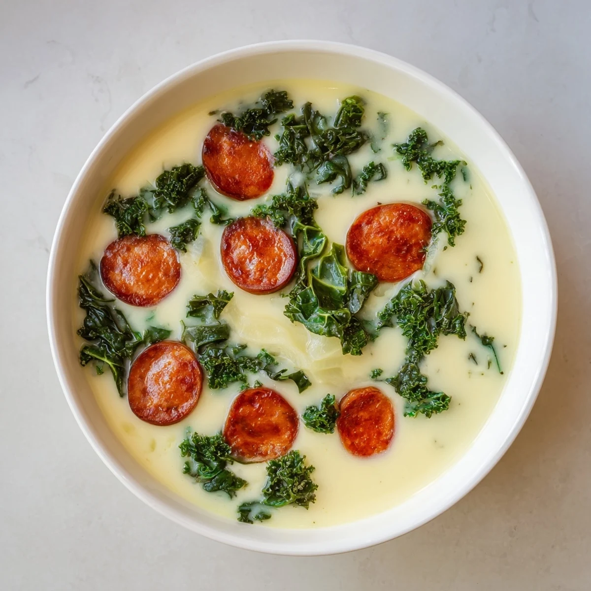 Steaming bowl of Portuguese Caldo Verde, featuring vibrant green kale and spicy chorizo.