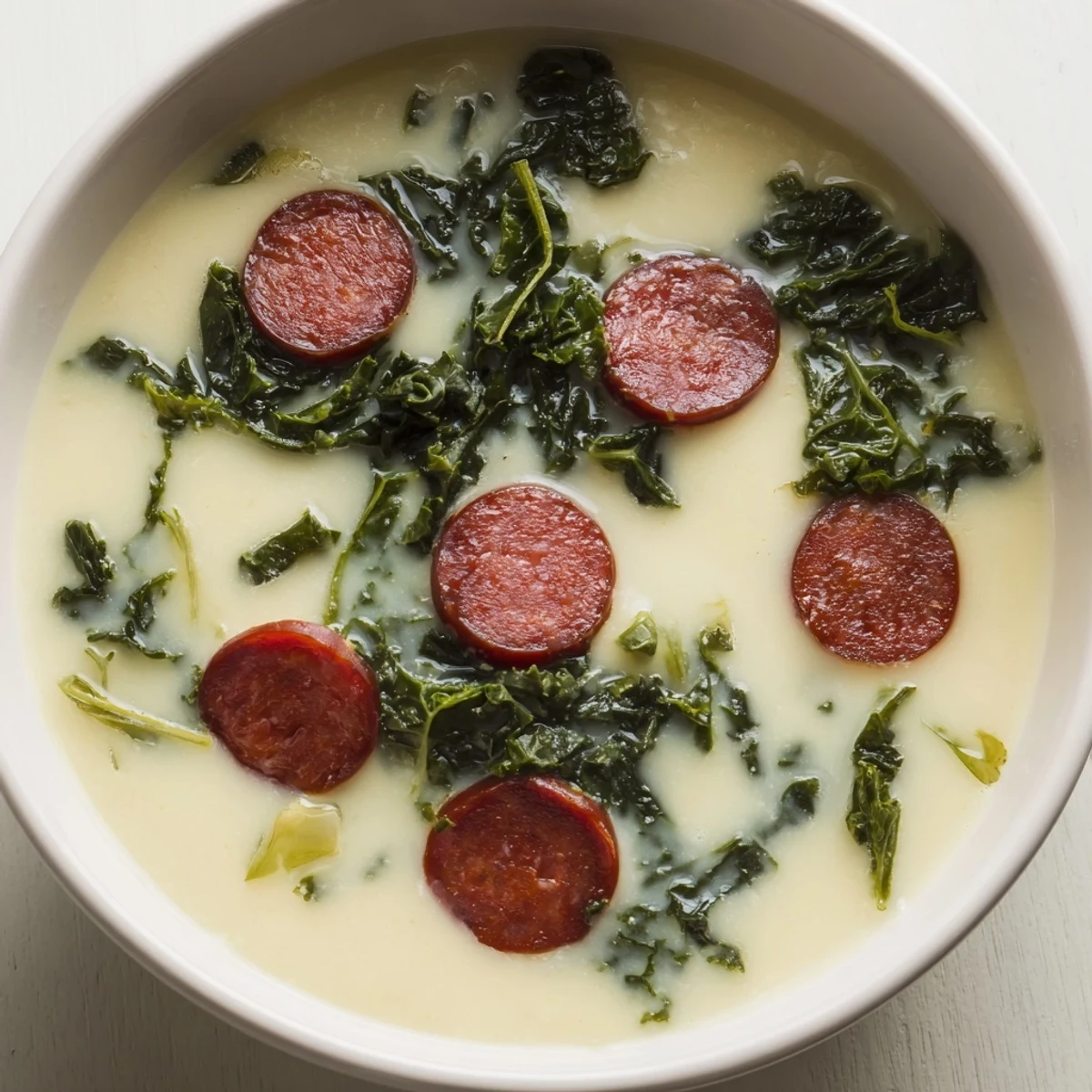 Homemade Portuguese Caldo Verde, a hearty soup with creamy potatoes and smoky sausage.