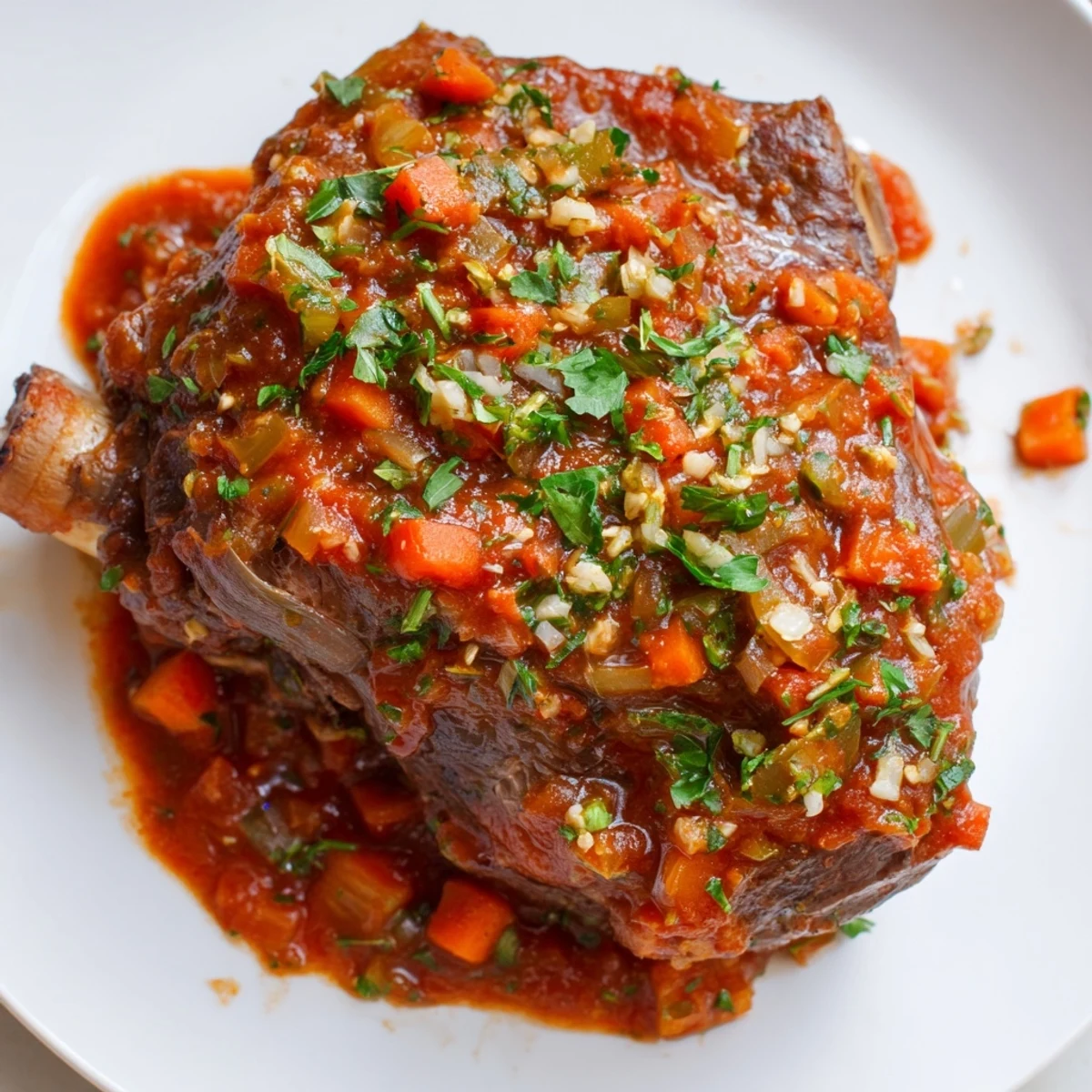 Tender Osso Buco served in a rich tomato sauce, garnished with bright green parsley and lemon.