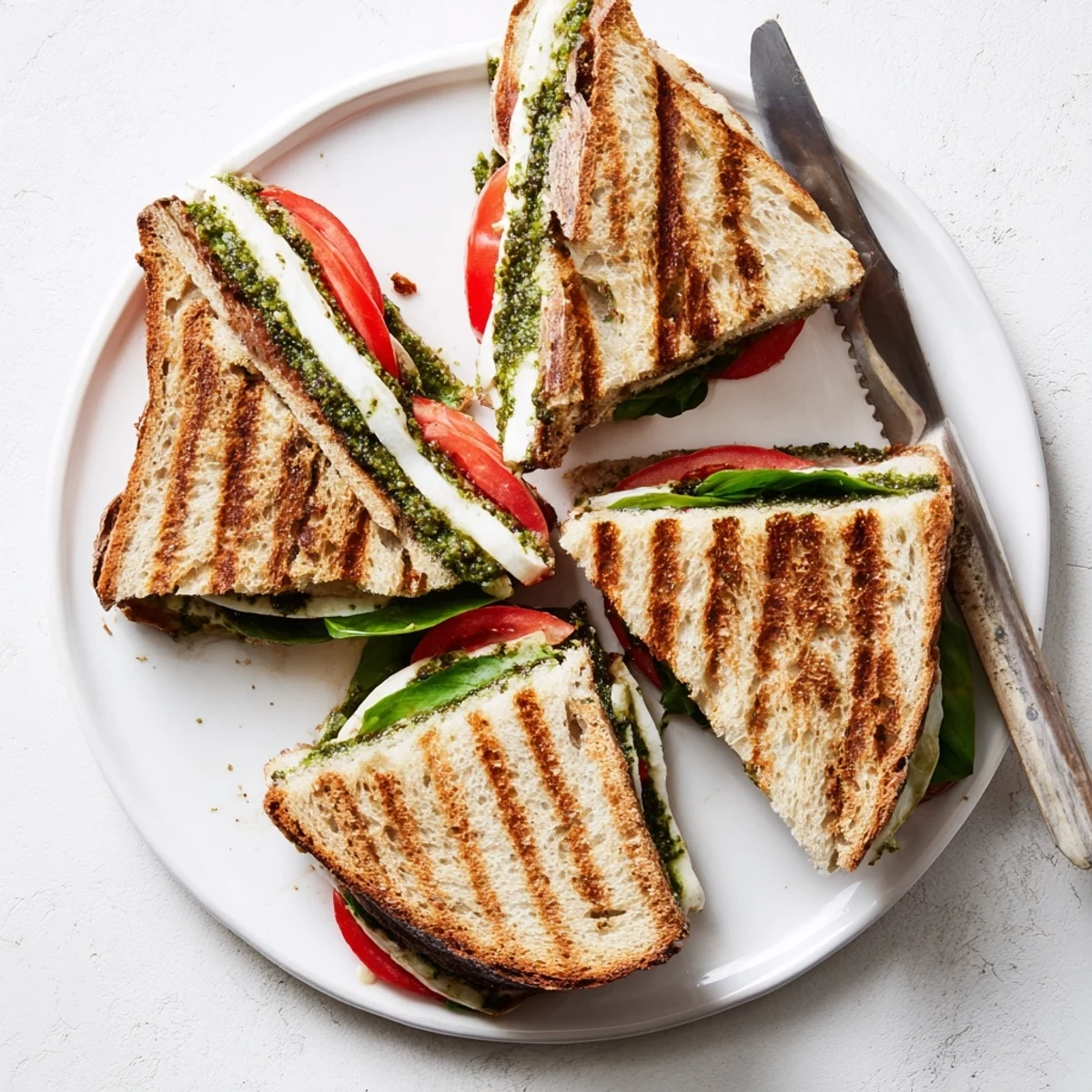 Warm turkey and cranberry Panini Press Innovations panini, oozing Swiss cheese, with spinach on buttered multigrain bread, sliced open.