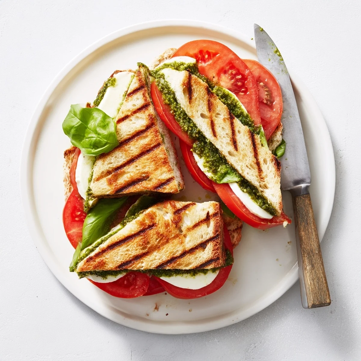 Grilled Mediterranean Veggie Panini Press Innovations pressed sandwich, stacked with eggplant, zucchini, roasted red pepper, and feta, served with hummus.