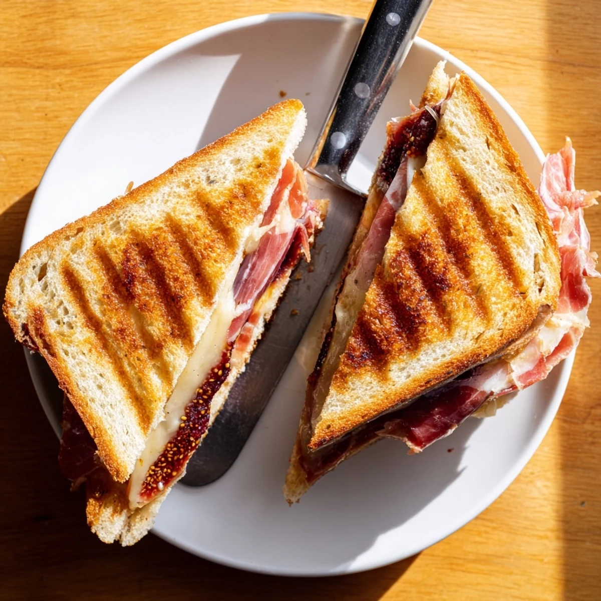 Close-up of a Crispy Prosciutto & Fig Panini, showcasing salty prosciutto and sweet fig jam between crisp Italian bread.  