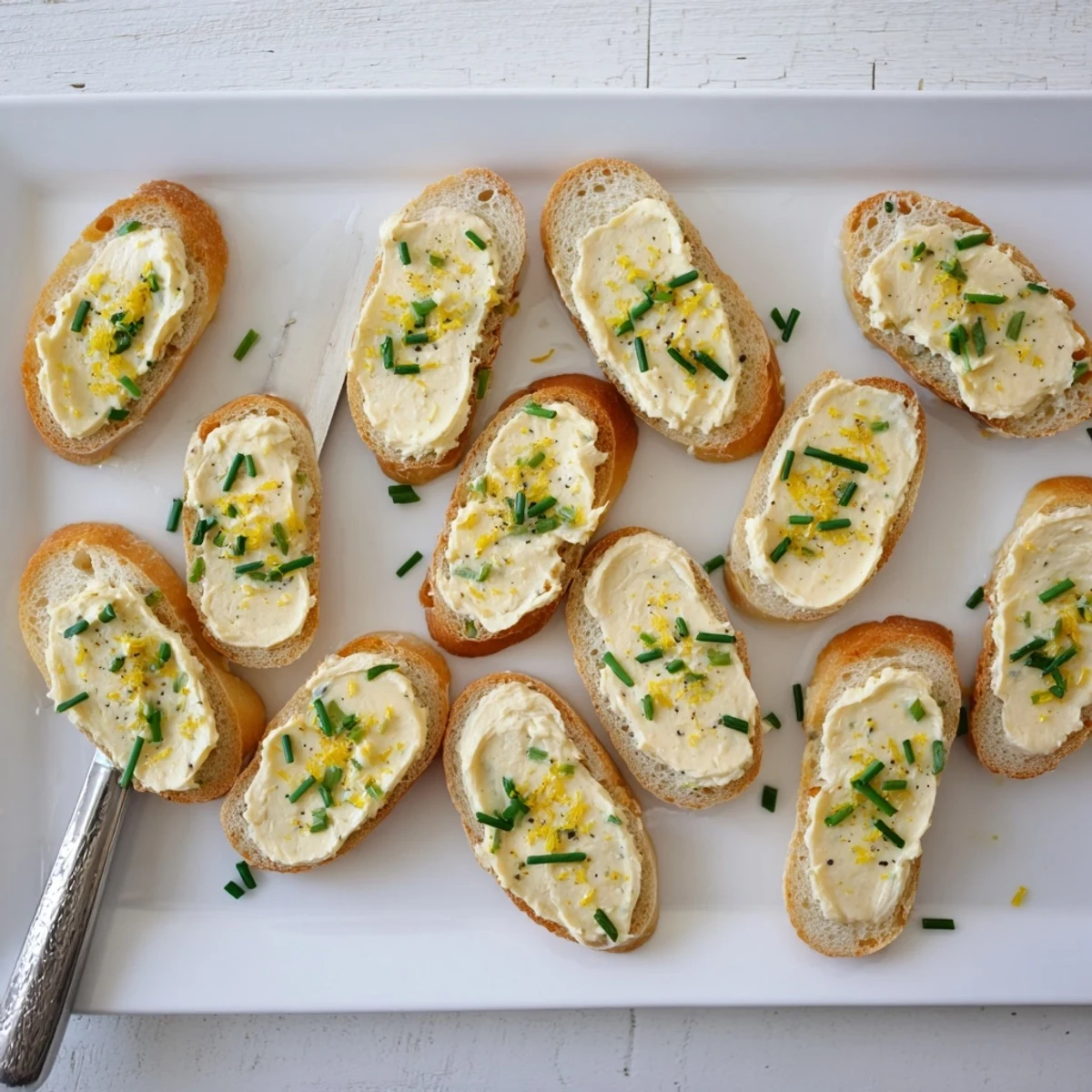A close-up of golden Vodka Butter Crostini spread with creamy vodka butter, garnished with fresh chives and lemon zest.