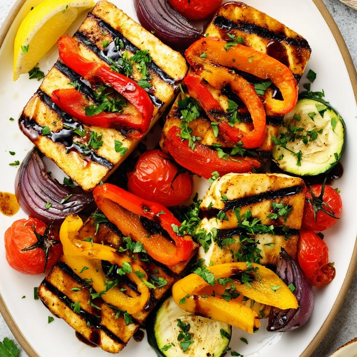 Golden-brown grilled halloumi cheese steak topped with vibrant grilled peppers, zucchini, and fresh cherry tomatoes, served with lemon wedges.  