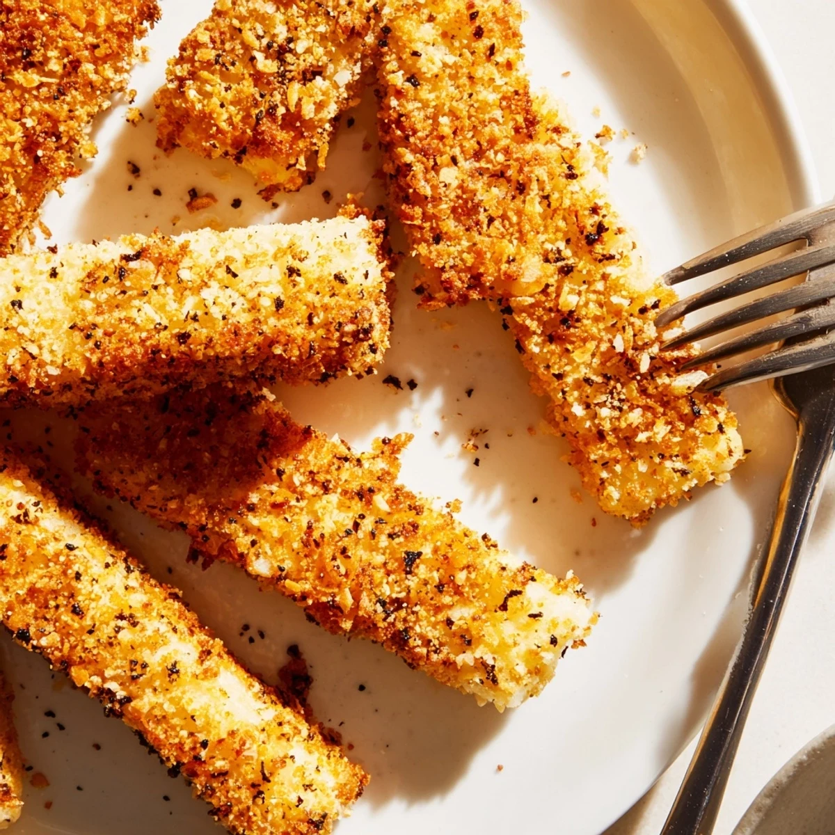 Crispy Panko Halloumi batons with golden, crunchy coating and fresh lemon wedges for squeezing.