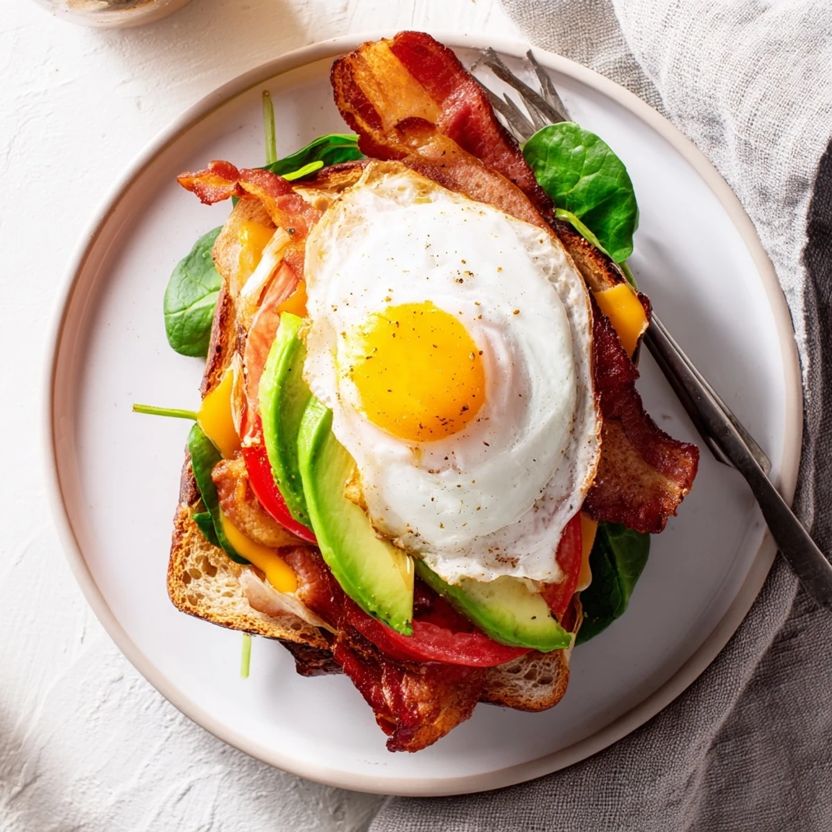 This Loaded Breakfast Sandwich features thick-cut bacon, ripe avocado slices, and a fluffy egg on buttery toasted bread.