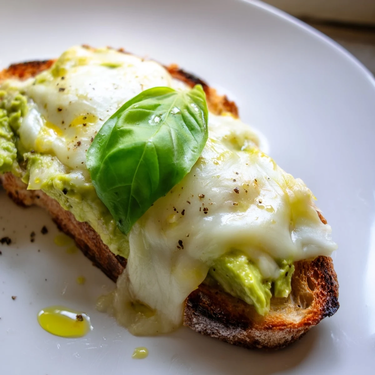 Golden toasted sourdough is topped with creamy smashed avocado and bubbly melted mozzarella, garnished with fresh basil leaves for a vibrant snack.  