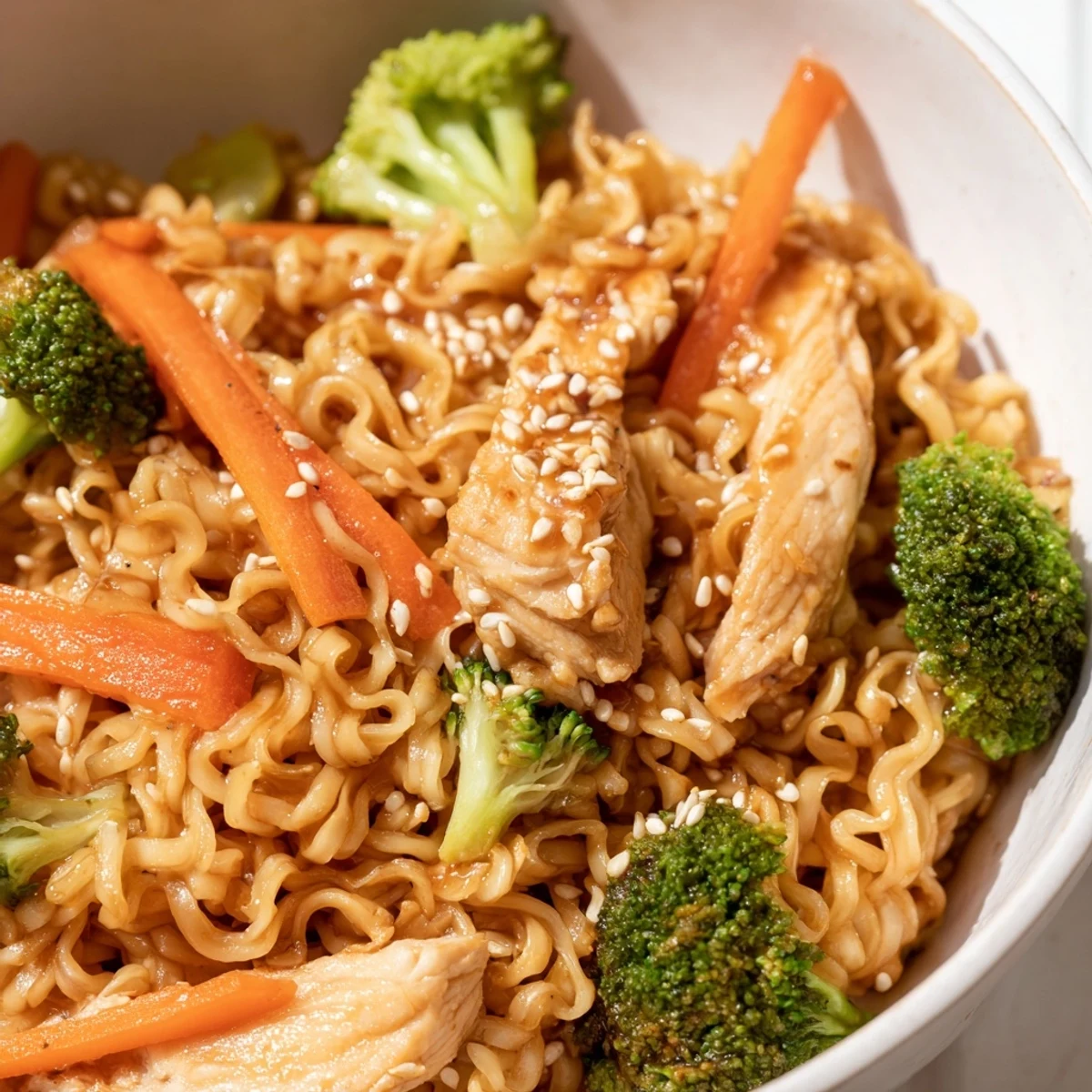 Steaming hot Spicy Ramen Stir-Fry loaded with tender chicken, crisp broccoli, and vibrant peppers tossed in a glossy, bold sauce.