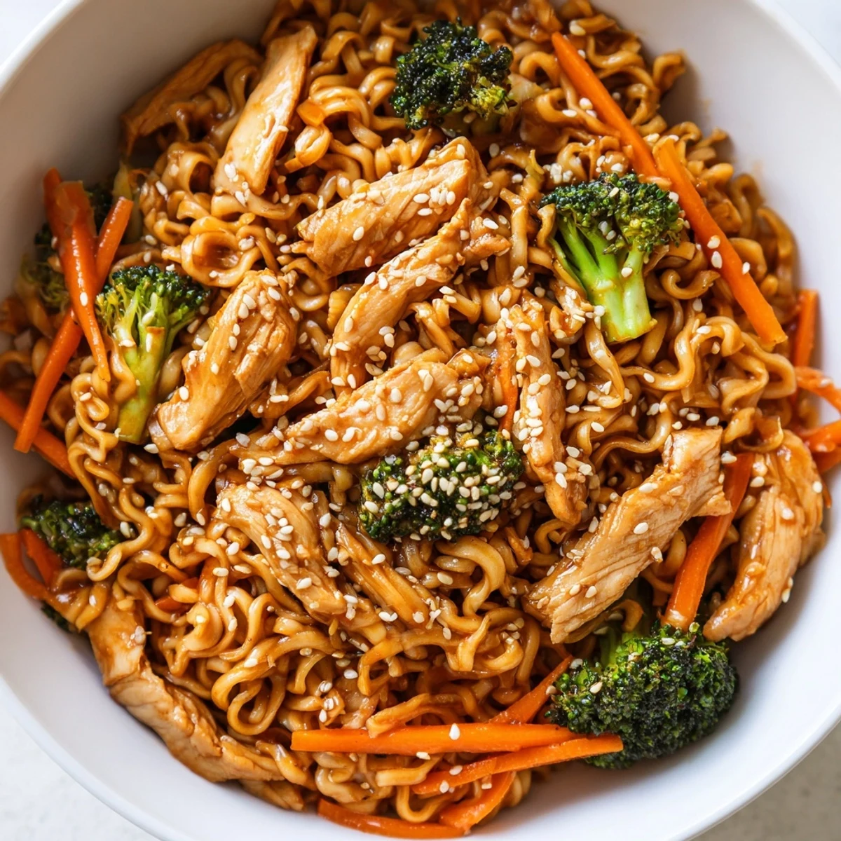 A close-up of a Spicy Ramen Stir-Fry plate with juicy chicken, colorful vegetables, and sesame seeds, perfect for quick weeknight dinners.