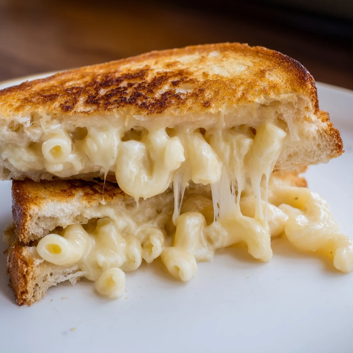 Perfect comfort food served with tomato soup, this Mac & Cheese Grilled Cheese looks decadent and inviting.