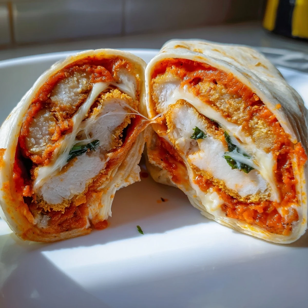 Crispy Chicken Parm Wrap served warm on a cutting board with melted mozzarella and fresh basil.