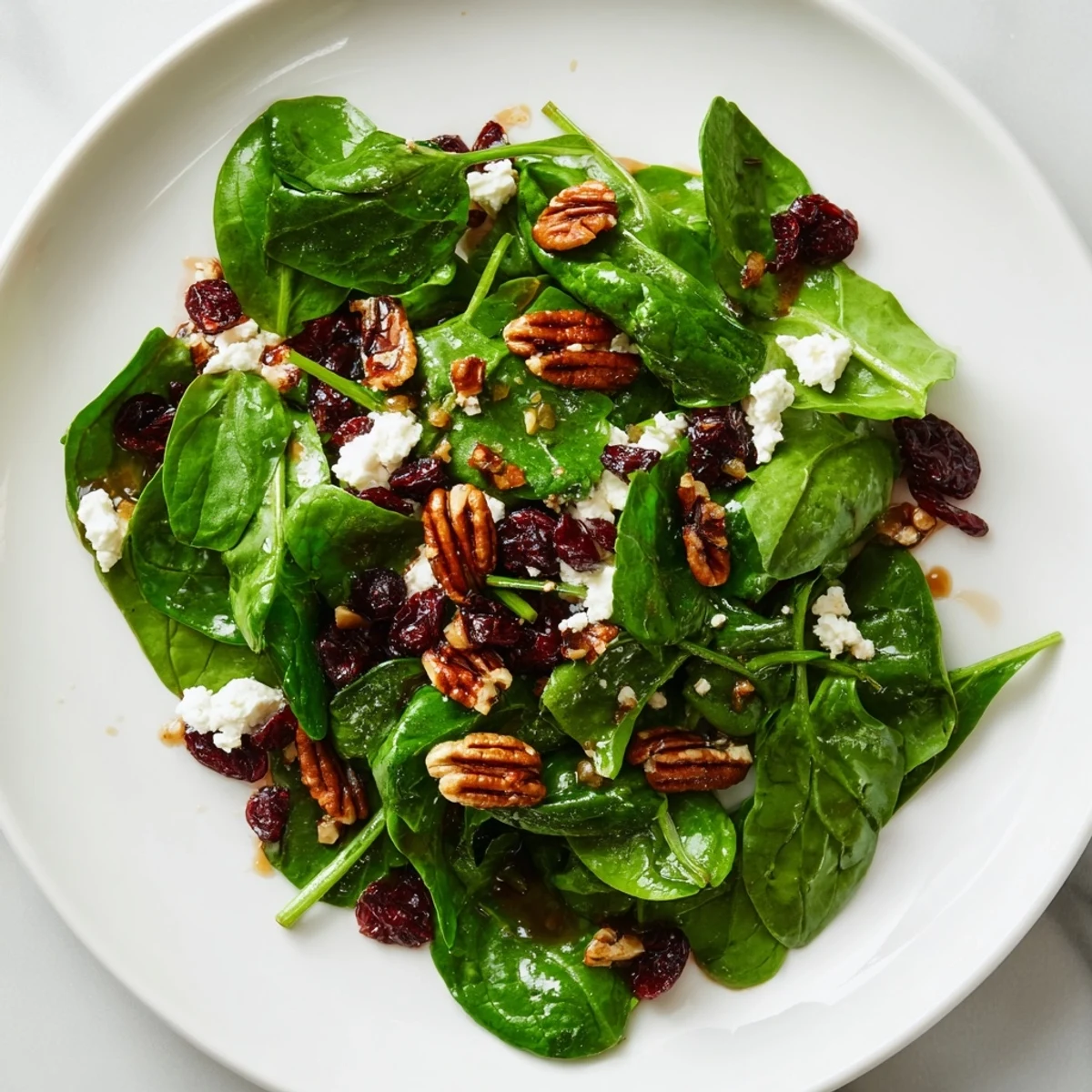 A vibrant plate of Spinach Goat Cheese Salad with crumbled cheese, sweet cranberries, and candied pecans on fresh greens.