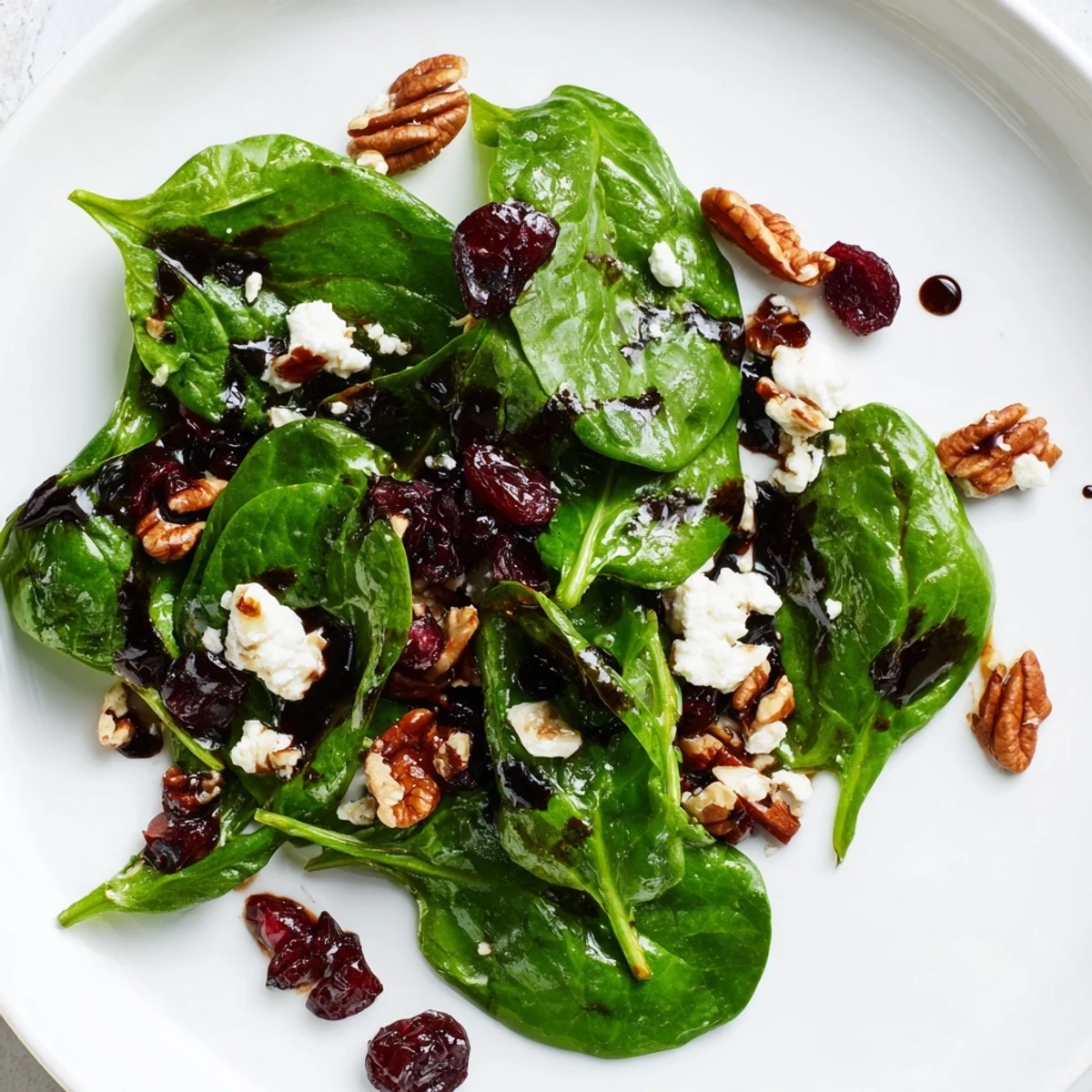 Close-up of Spinach Goat Cheese Salad highlighting creamy goat cheese, ruby cranberries, and crunchy candied pecans on spinach.