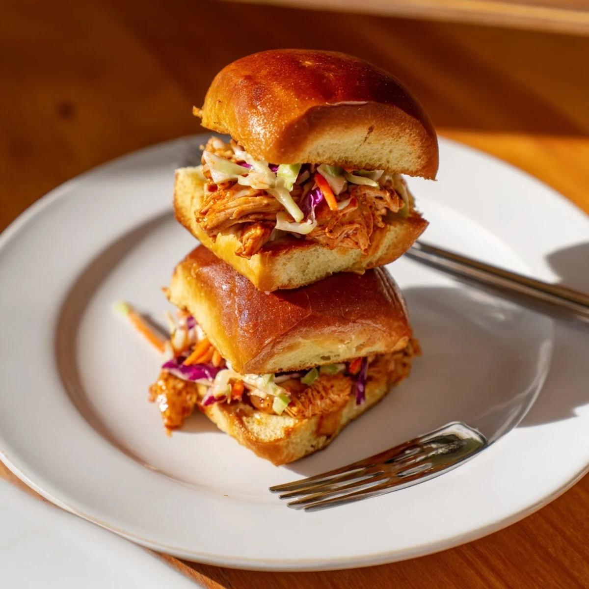 Savory BBQ chicken sliders with creamy slaw, ideal for summer potlucks and parties.