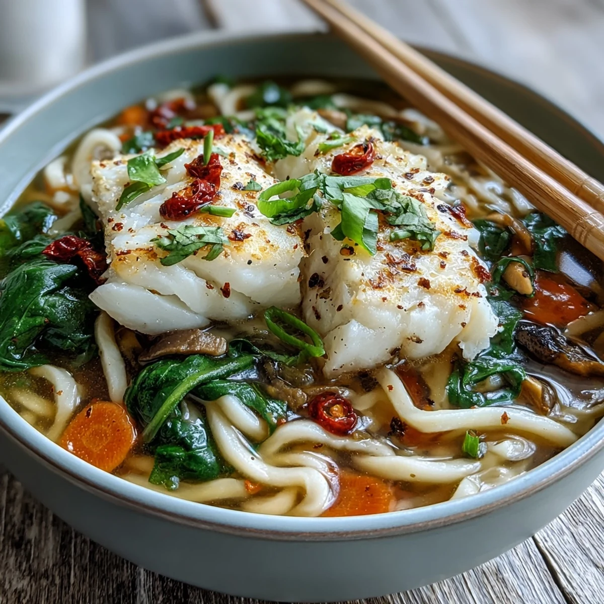 Poached Cod With Spiced Coconut Broth and Udon Noodles in a deep bowl with silky noodles and tender fish.