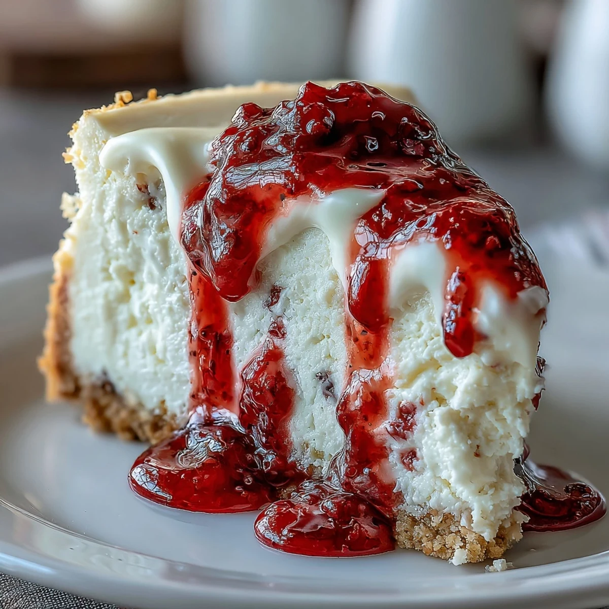 Creamy white chocolate raspberry cheesecake slice with fresh berries and raspberry swirl topping.