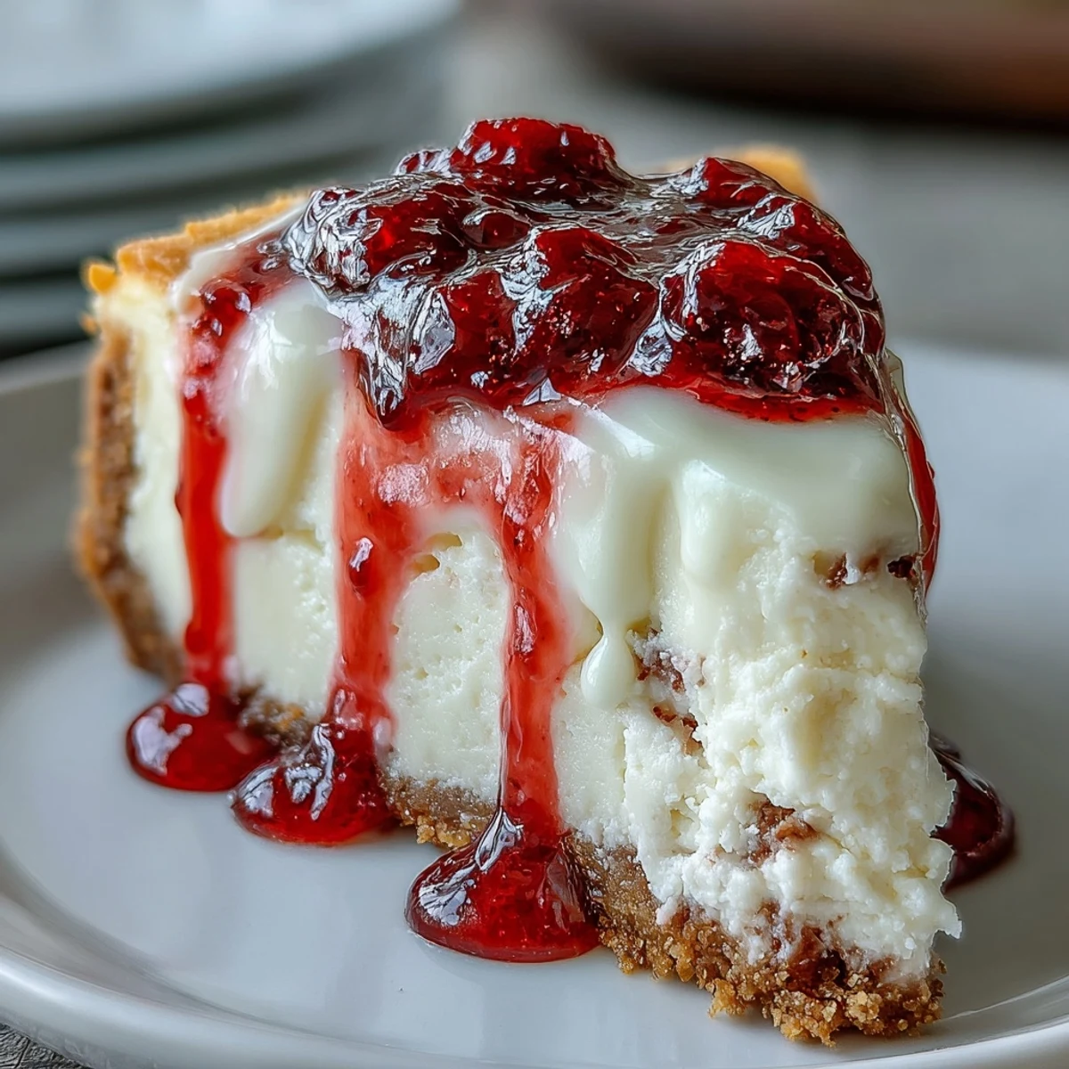 Decadent white chocolate raspberry cheesecake baked in springform pan with graham cracker crust.
