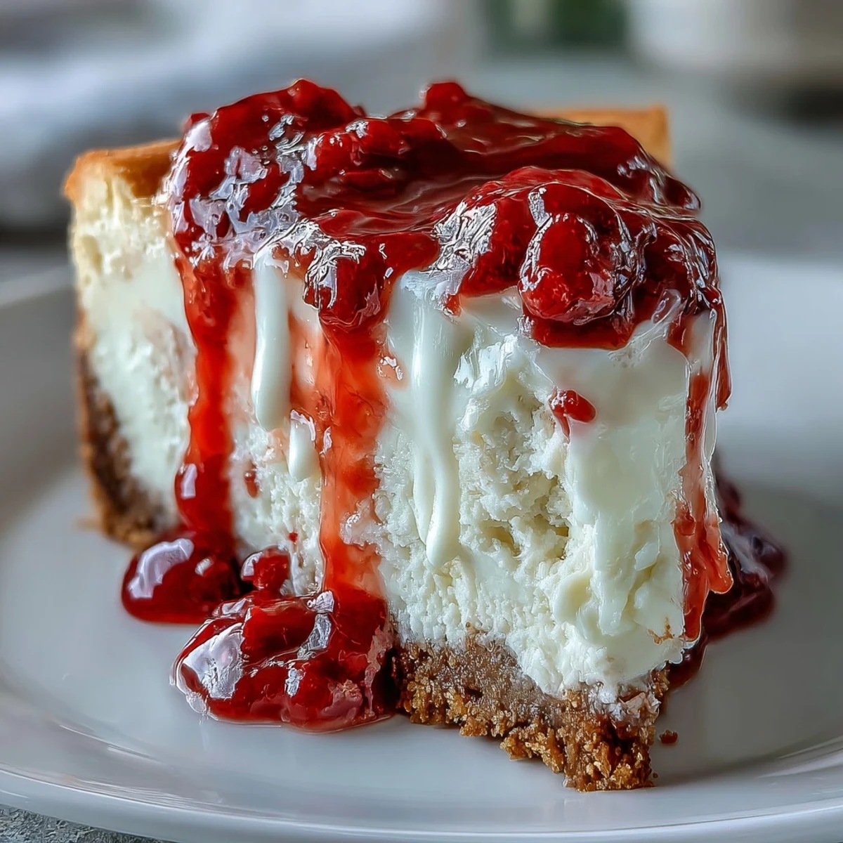 White chocolate raspberry cheesecake dessert served on white plate with vibrant raspberry sauce drizzle.