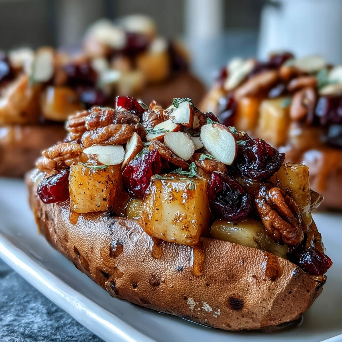 A festive platter of Cranberry Apple Twice Baked Sweet Potatoes garnished with toasted pecans and a drizzle of maple syrup.