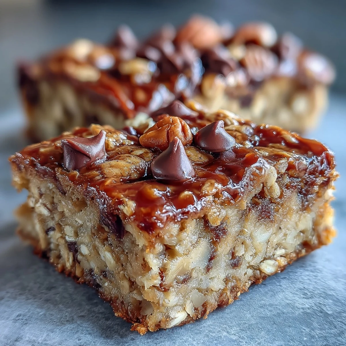Freshly baked Baked Oatmeal Bars with melted chocolate chips, sitting on a wire rack for cooling.