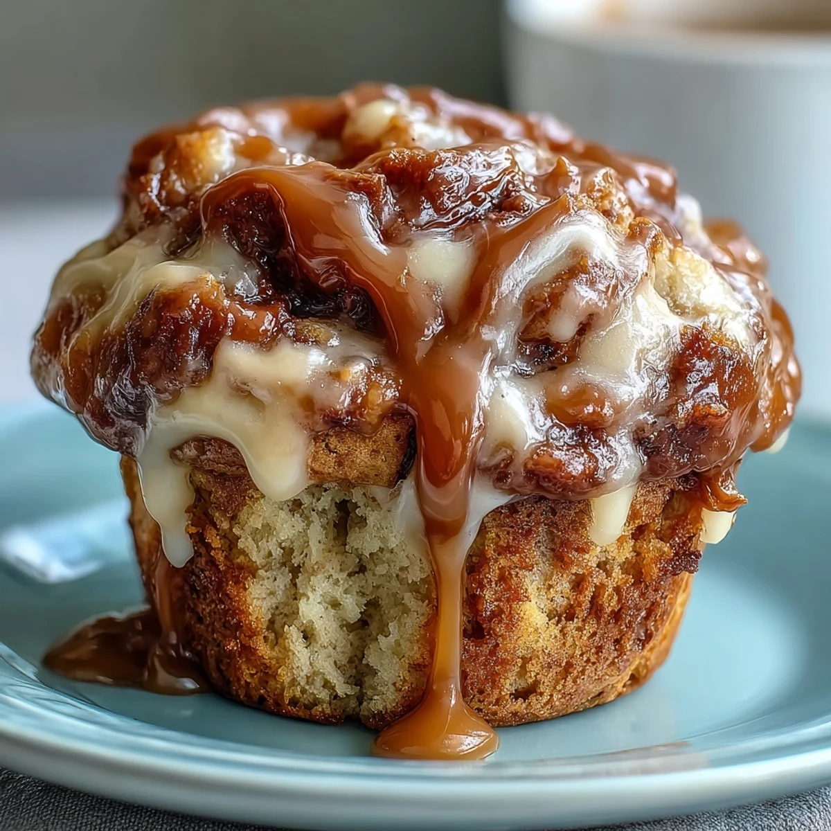Golden-brown Caramel Cream Cheese Swirl Muffins on a white plate, perfect for breakfast or a sweet dessert snack.