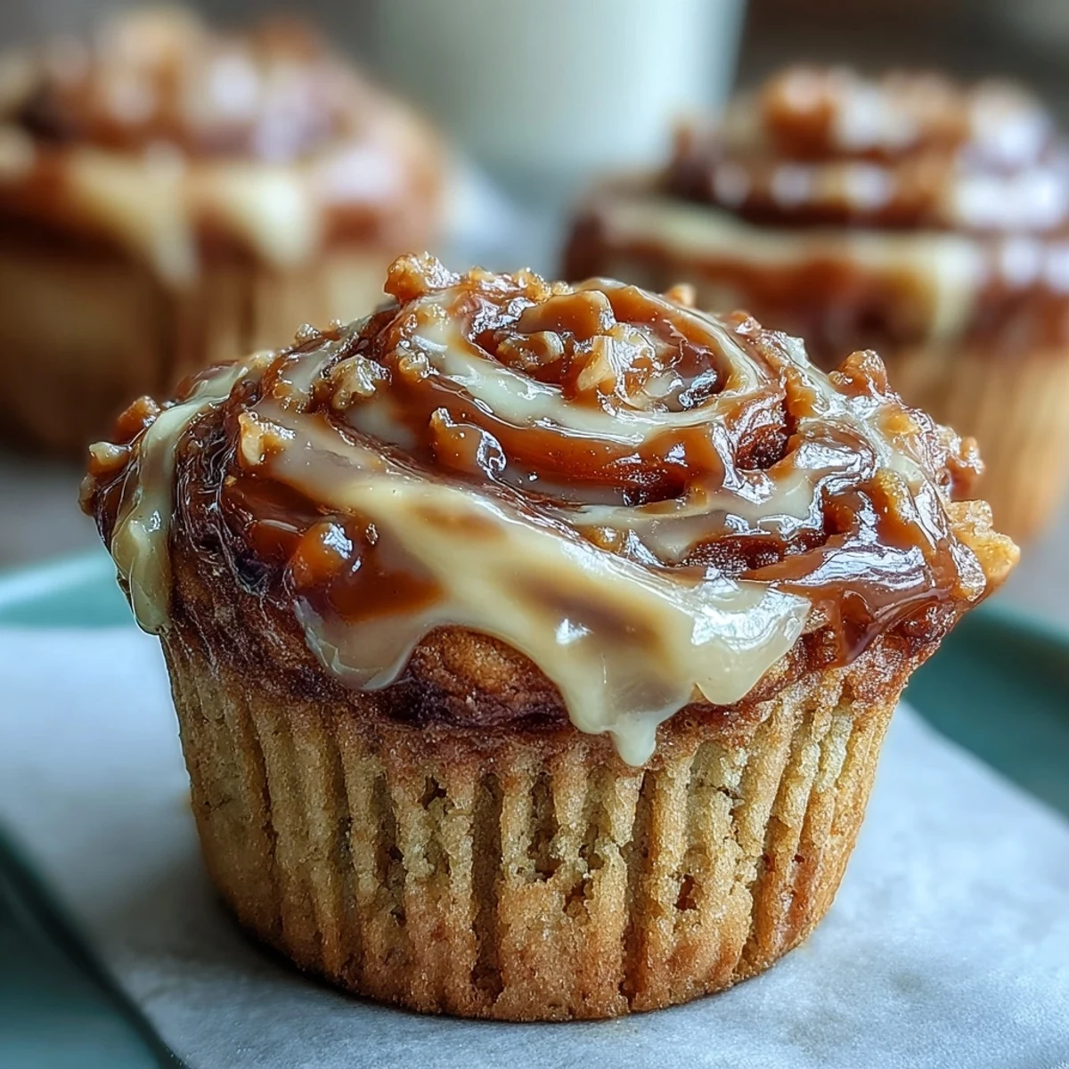 Freshly baked Caramel Cream Cheese Swirl Muffins with a golden crumb and rich swirl on a white plate.