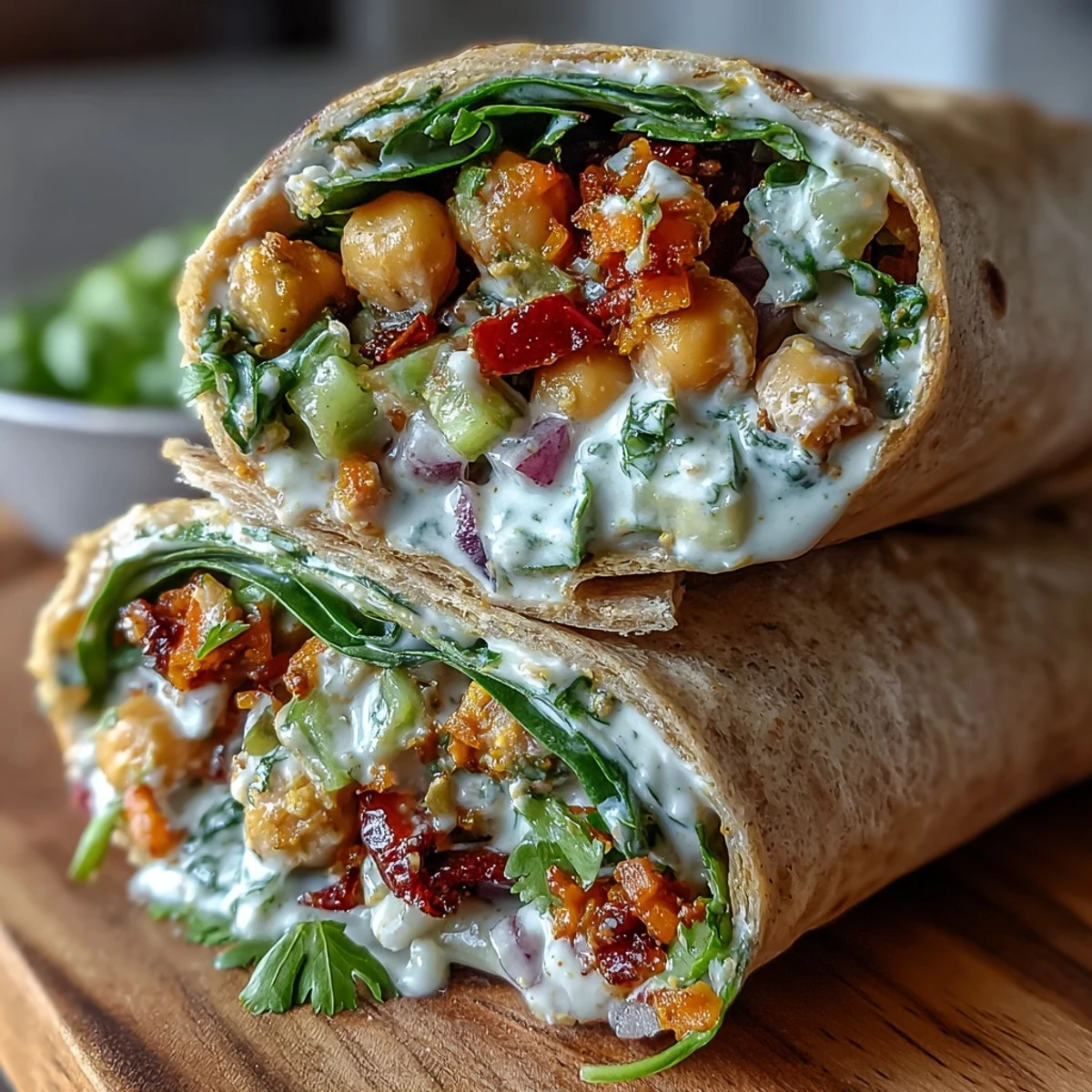Creamy curry-spiced chickpea salad with coconut yogurt, crunchy celery, and red bell pepper, wrapped in whole wheat tortillas with spinach and cucumber strips.