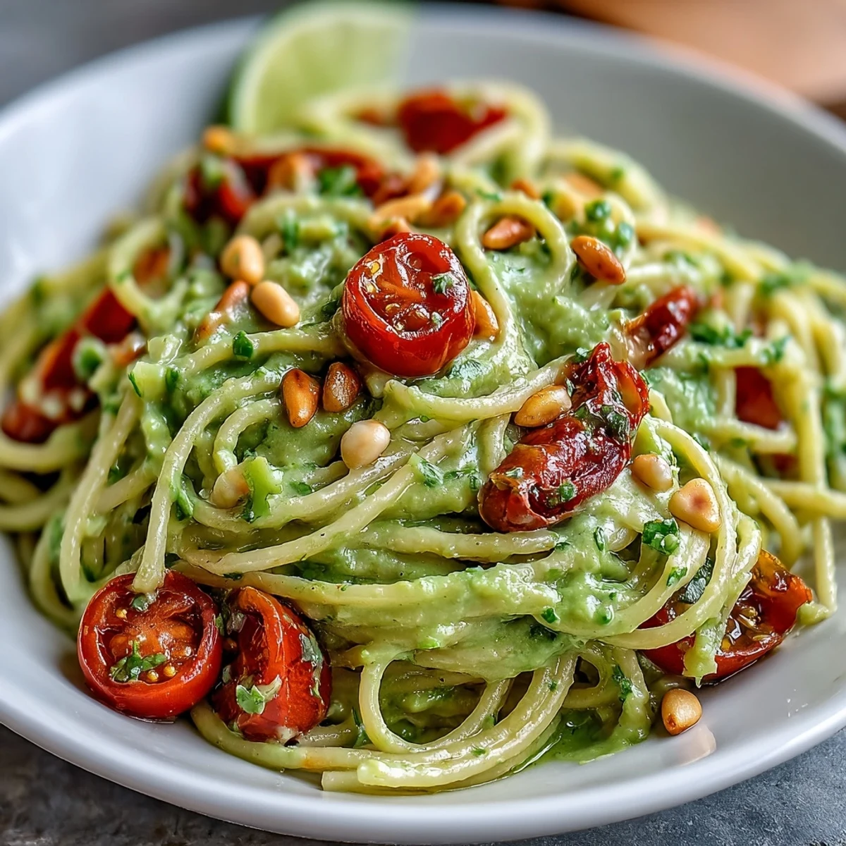 A vibrant bowl of vegan creamy avocado lime pasta with cherry tomatoes, tossed in a silky green sauce and garnished with fresh basil.