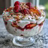 Creamy yogurt layered with sweet peaches, tangy raspberry sauce, and crunchy toasted almonds in elegant dessert cups.