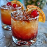 Layered ombre sunrise mocktail with grenadine and citrus juices, served with sparkling water and garnished with orange slice and cherry.