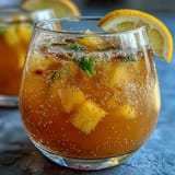 Sparkling lemonade punch bursting with tropical mango and pineapple flavors, garnished with fresh fruit and served over ice for a festive drink.