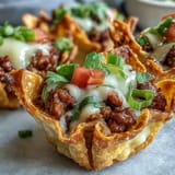 Savory ground beef filling nestled in baked wonton wrappers, ready to serve.