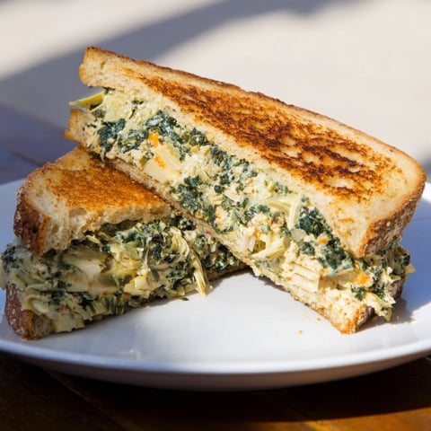 Golden brown Air Fryer Spinach & Artichoke Dip Grilled Cheese shows melted cheese and creamy filling ready to be enjoyed.