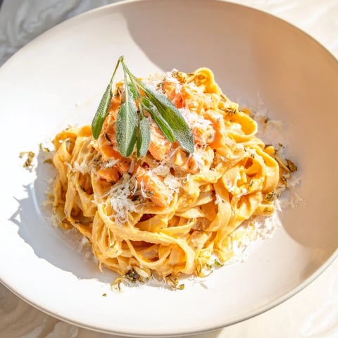 Healthy Creamy Pumpkin Sage Holiday Pasta: steaming bowl with vibrant pasta and rich pumpkin sauce, ready to enjoy.