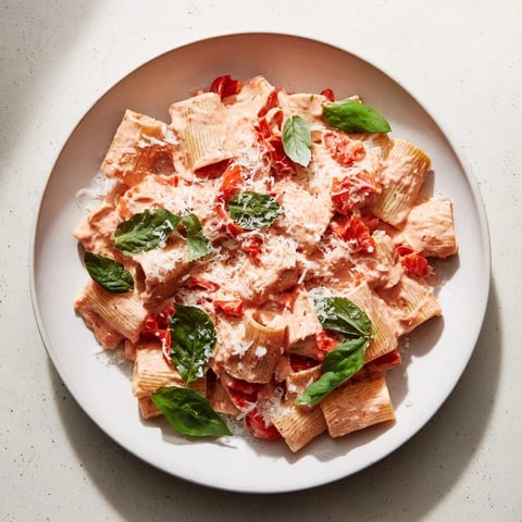 Festive Lightened-Up Vodka Rosé Christmas Pasta, bright red peppers and spinach, ready to serve.