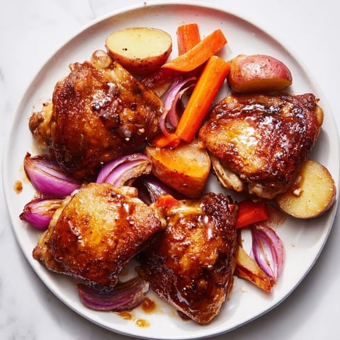 Golden-brown Maple Dijon Chicken Thighs on a sheet pan, ready to serve with roasted vegetables.