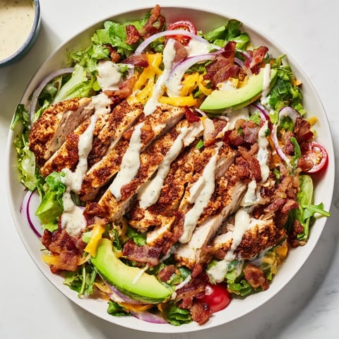 Crispy bacon chicken salad with grilled chicken and creamy ranch dressing, a flavorful meal.