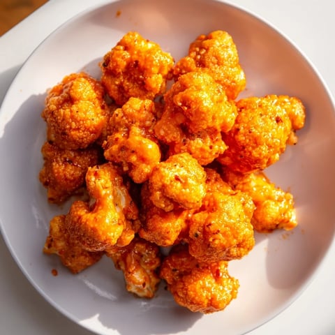 Golden-brown Buffalo Cauliflower Bites ready to be dipped and enjoyed with cool ranch dressing.