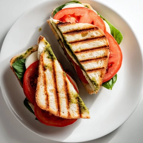 Crispy Panini Press Innovations sandwich with melty mozzarella, ripe tomato slices, and fresh basil on golden-grilled ciabatta bread.