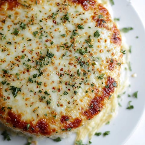 Golden baked Crispy Rice Cake Cheese Stacks with melted mozzarella and parmesan, garnished with fresh parsley and chili flakes.