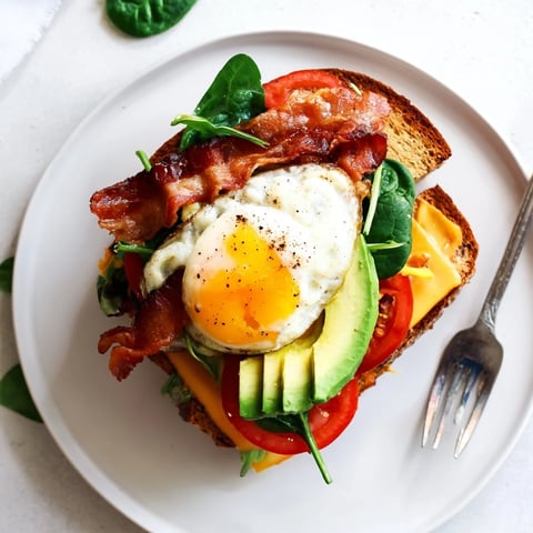 A toasted Loaded Breakfast Sandwich with crispy bacon, creamy avocado, and a sunny-side-up egg on golden sourdough bread.