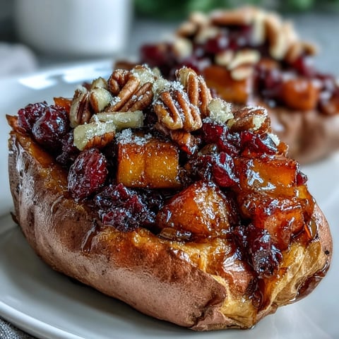 Golden-brown Cranberry Apple Twice Baked Sweet Potatoes stuffed with a vibrant, chunky fruit filling and fresh thyme.