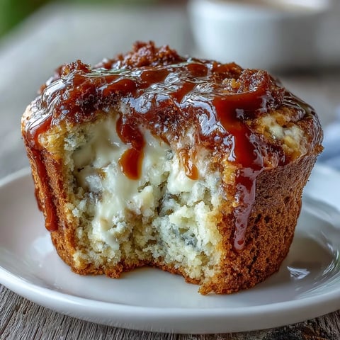 Freshly baked Caramel Cream Cheese Swirl Muffins with a moist banana bread texture and gooey caramel drizzle.