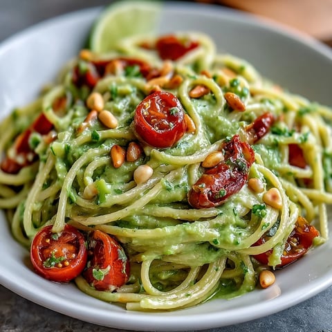 A vibrant bowl of vegan creamy avocado lime pasta with cherry tomatoes, tossed in a silky green sauce and garnished with fresh basil.