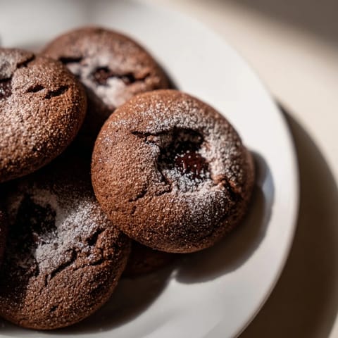 Warm soft chocolate crinkle cookies, crackled with powdered sugar, ready for a delicious treat.